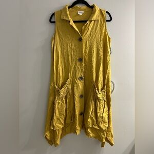 NWOT For Cynthia Linen Blend Dress Tunic Button Up Pockets Lagenlook Mustard